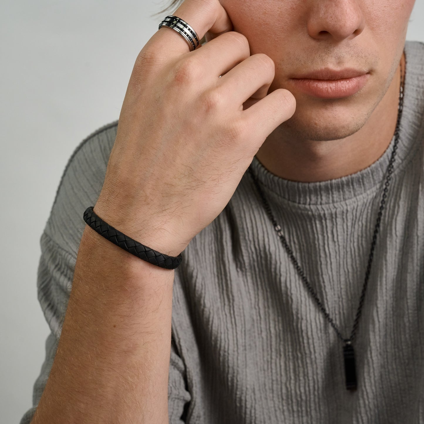 Double Row Black Stone Matte Band - Men Ring - The Steel Shop