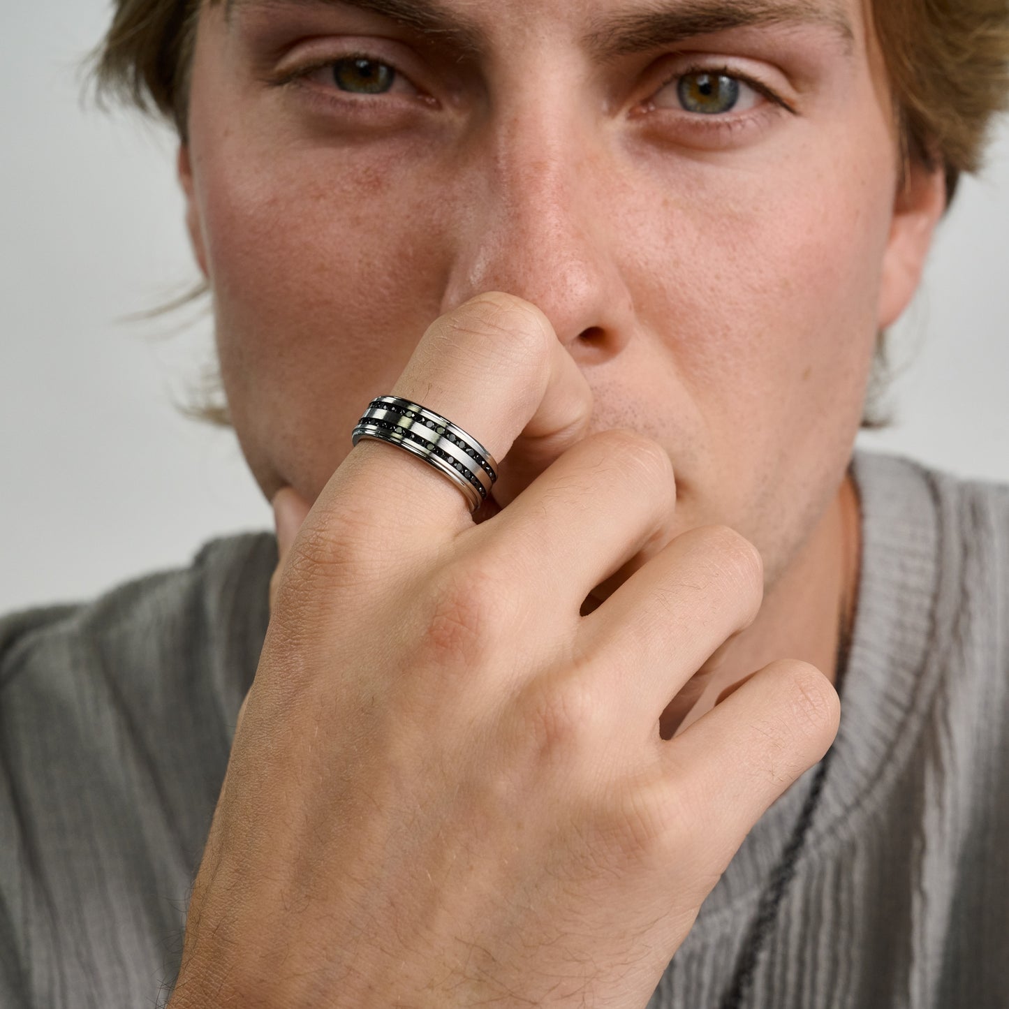 Double Row Black Stone Matte Band - Men Ring - The Steel Shop