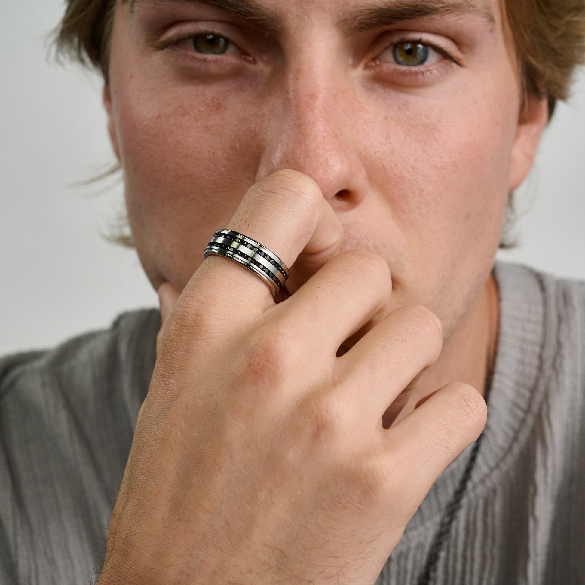 Double Row Black Stone Matte Band - Men Ring - The Steel Shop