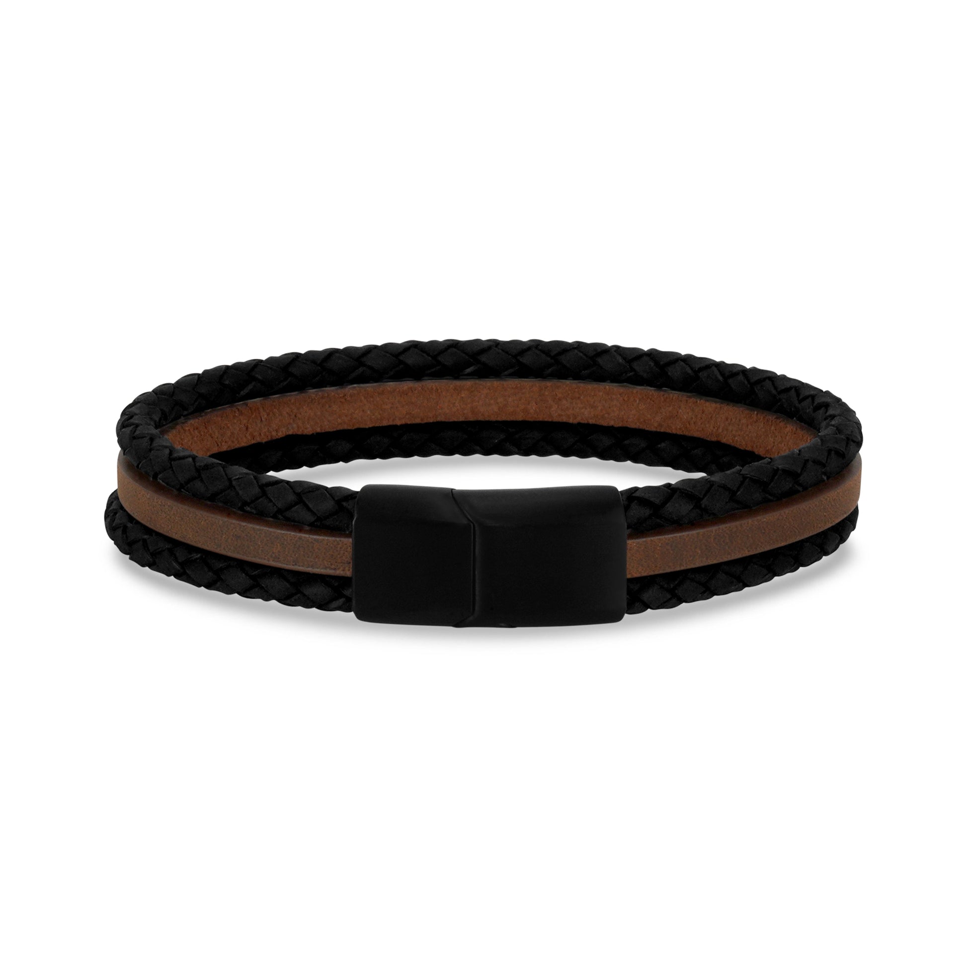 Triple Row Black & Brown Leather Bracelet - Mens Steel Leather Bracelets - The Steel Shop