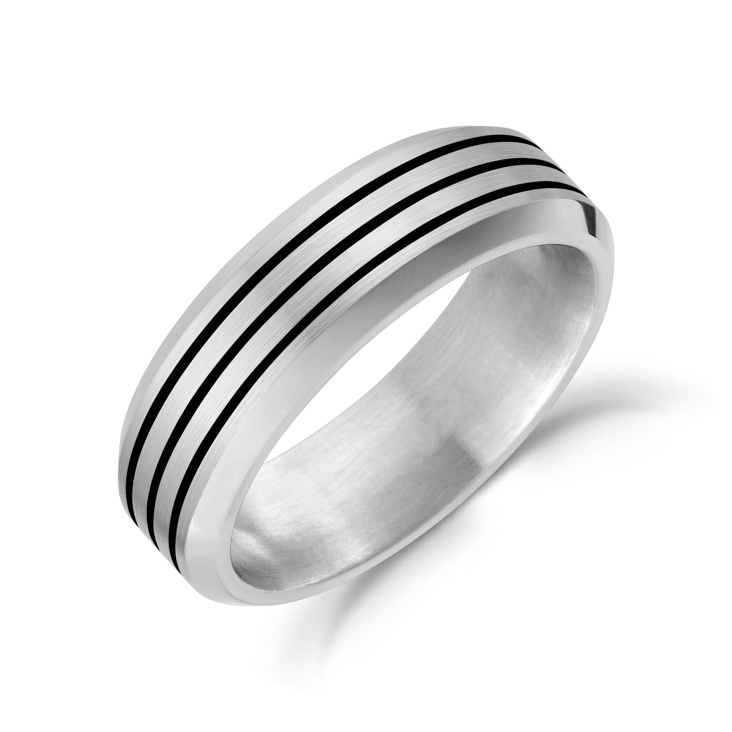 Black Lined Beveled Edge Band - Men Ring - The Steel Shop