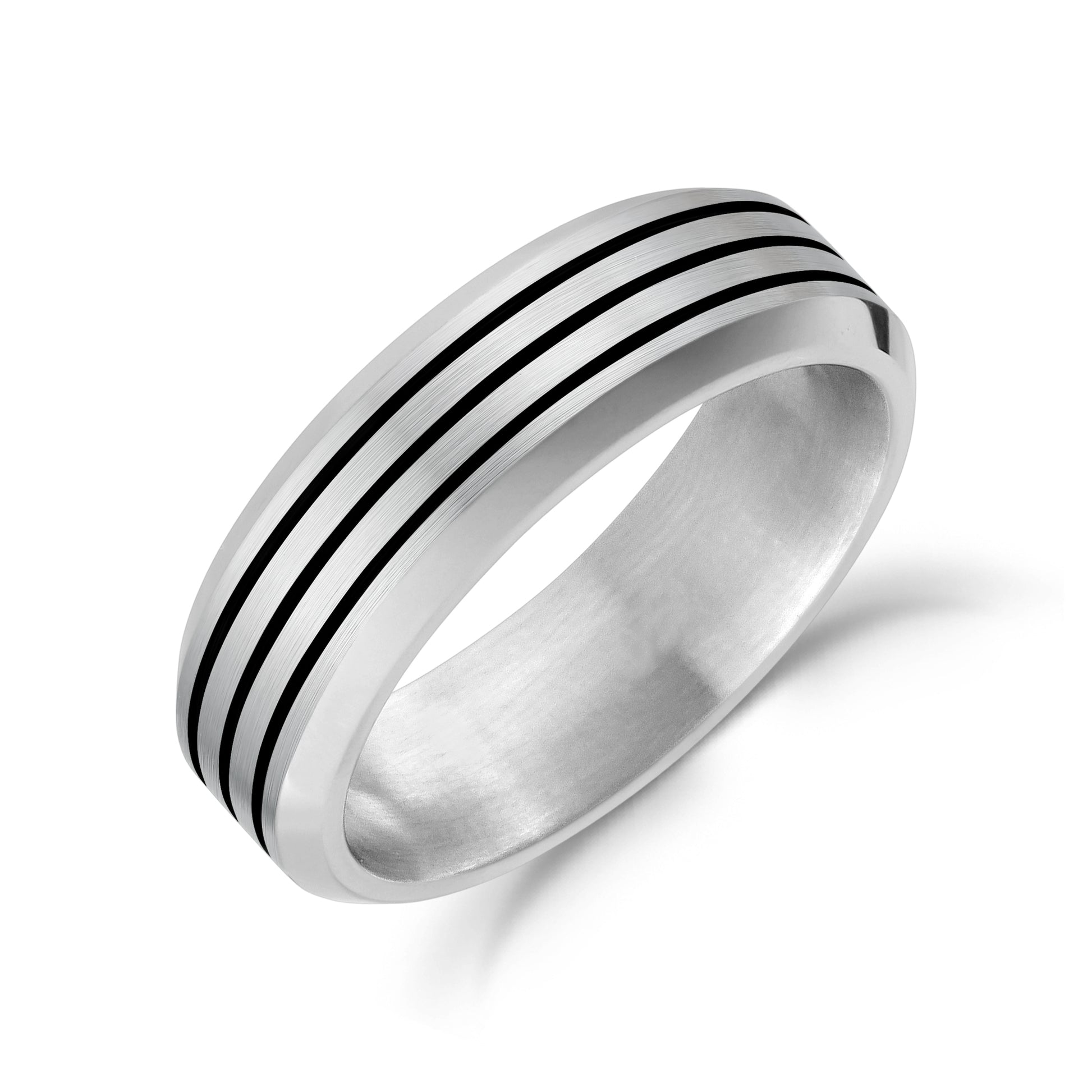Black Lined Beveled Edge Band - Men Ring - The Steel Shop