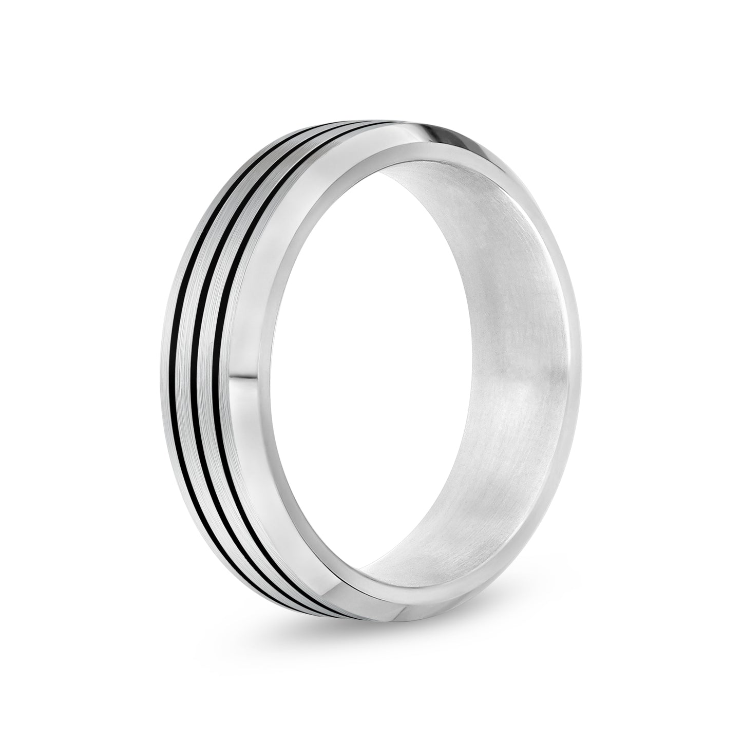 Black Lined Beveled Edge Band - Men Ring - The Steel Shop