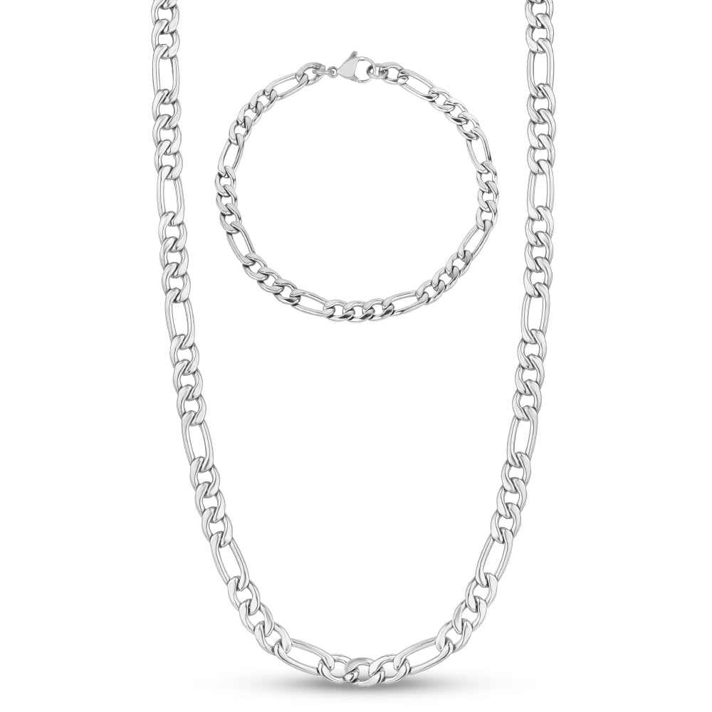 5mm Figaro Bracelet Necklace Set in Silver – The Steel Shop