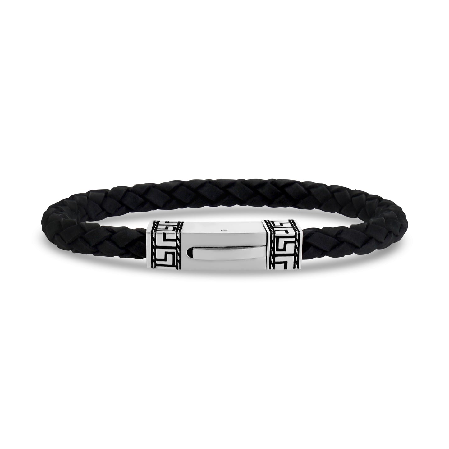 Engravable Black Leather Greek Key Design Bracelet