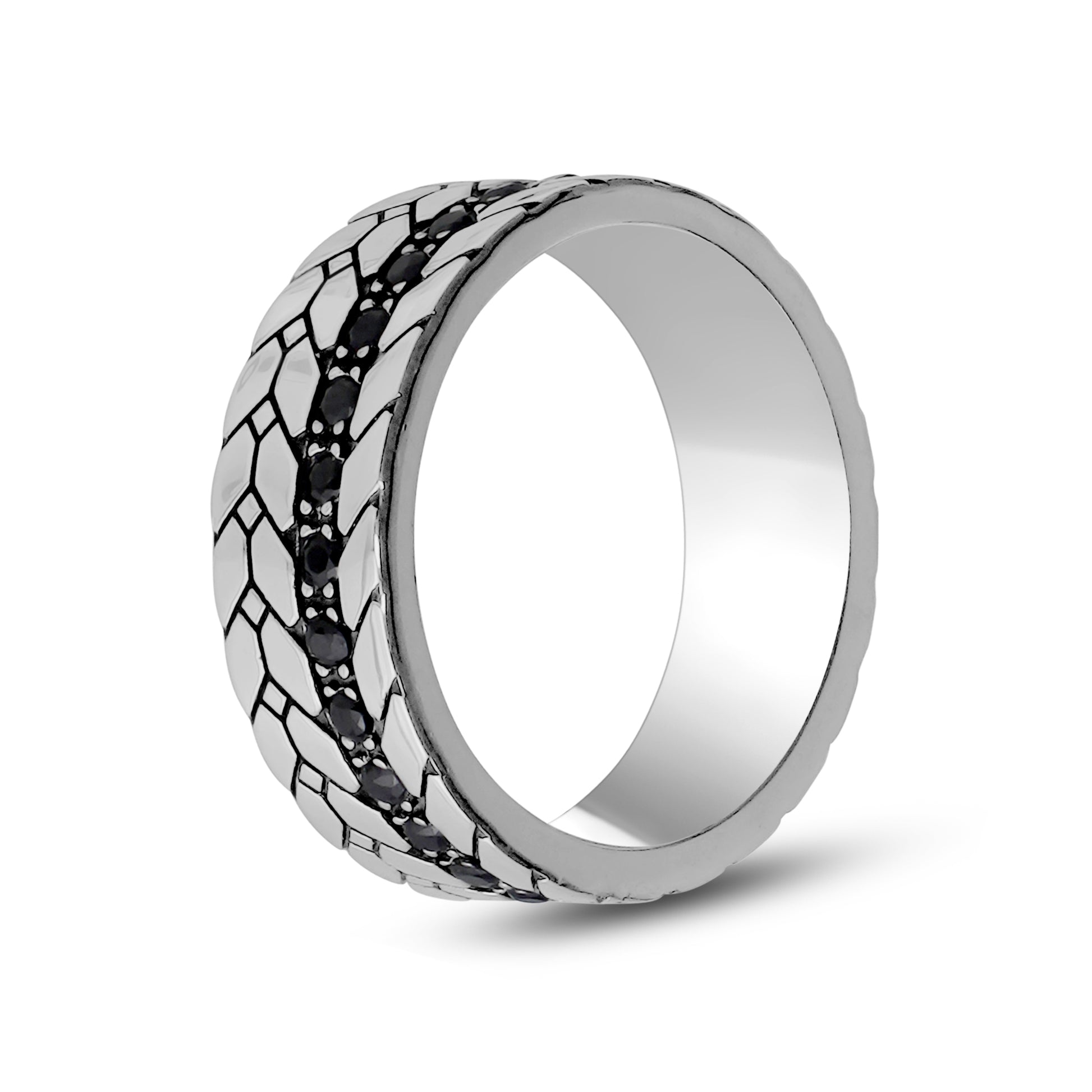 7mm Black Stone Detailed Band - Men Ring - The Steel Shop