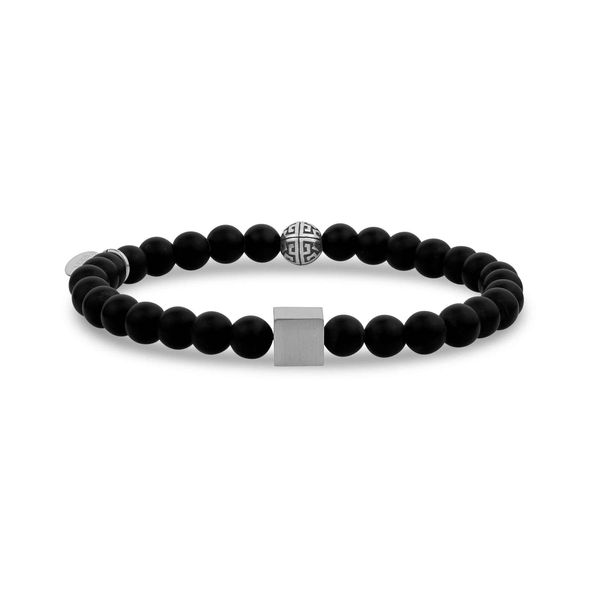 Personalized 6mm Black Matte Onyx Silver Square Cube Bead Engravable Bracelet