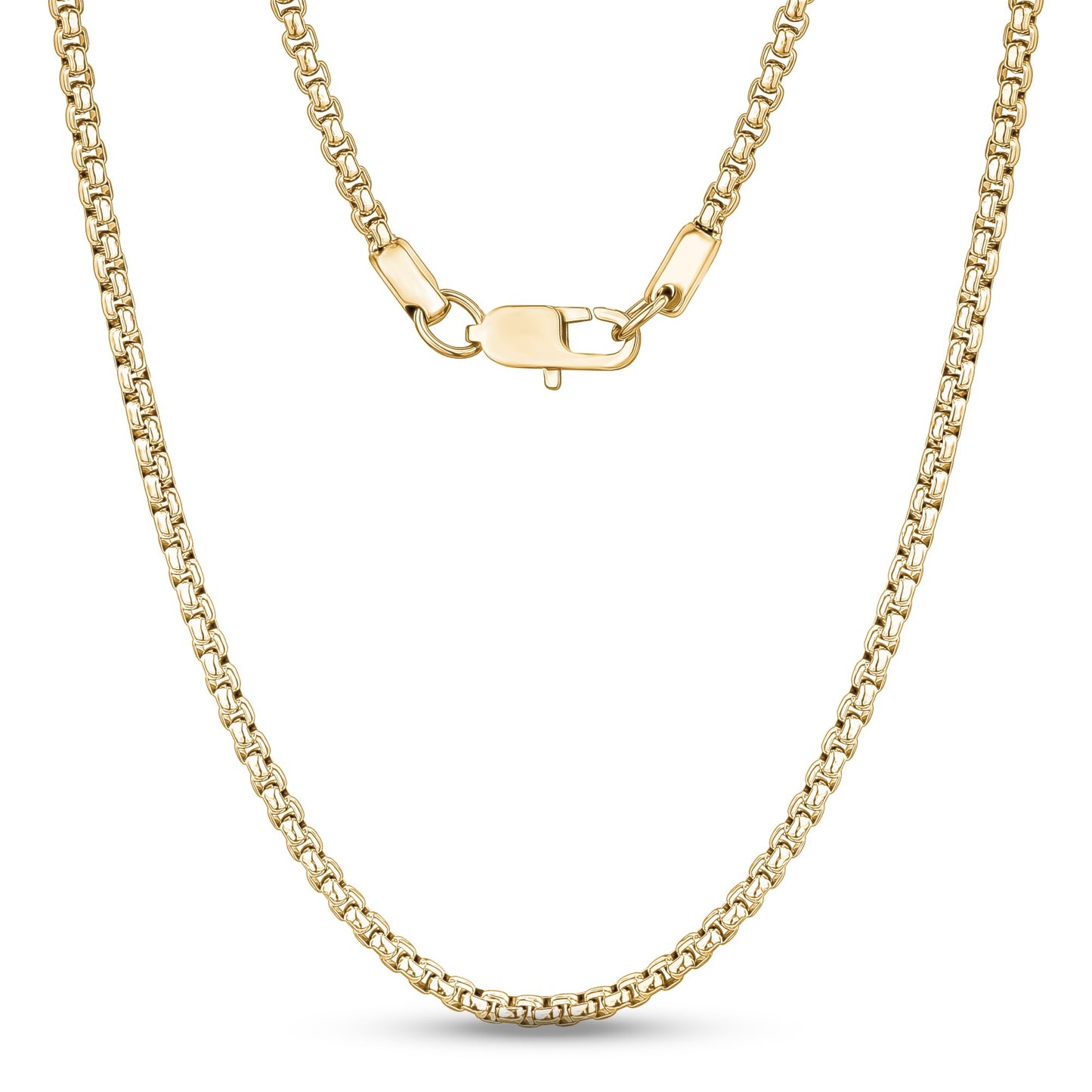 Men Necklace - 4mm Round Box Link Gold Steel Chain Necklace