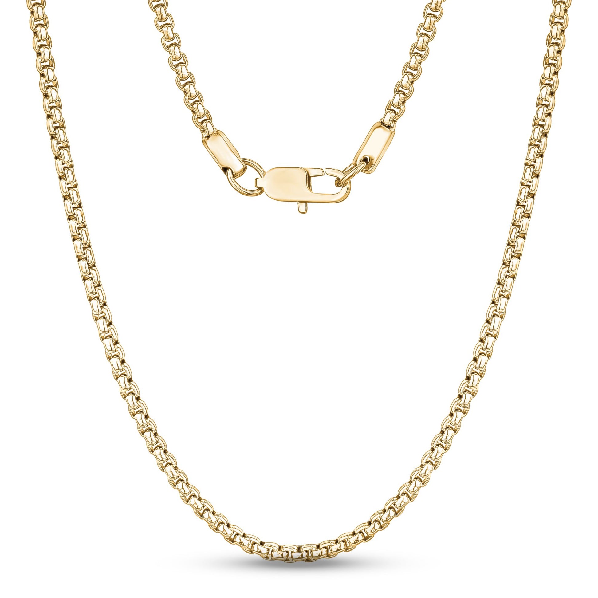 Men Necklace - 4mm Round Box Link Gold Steel Chain Necklace