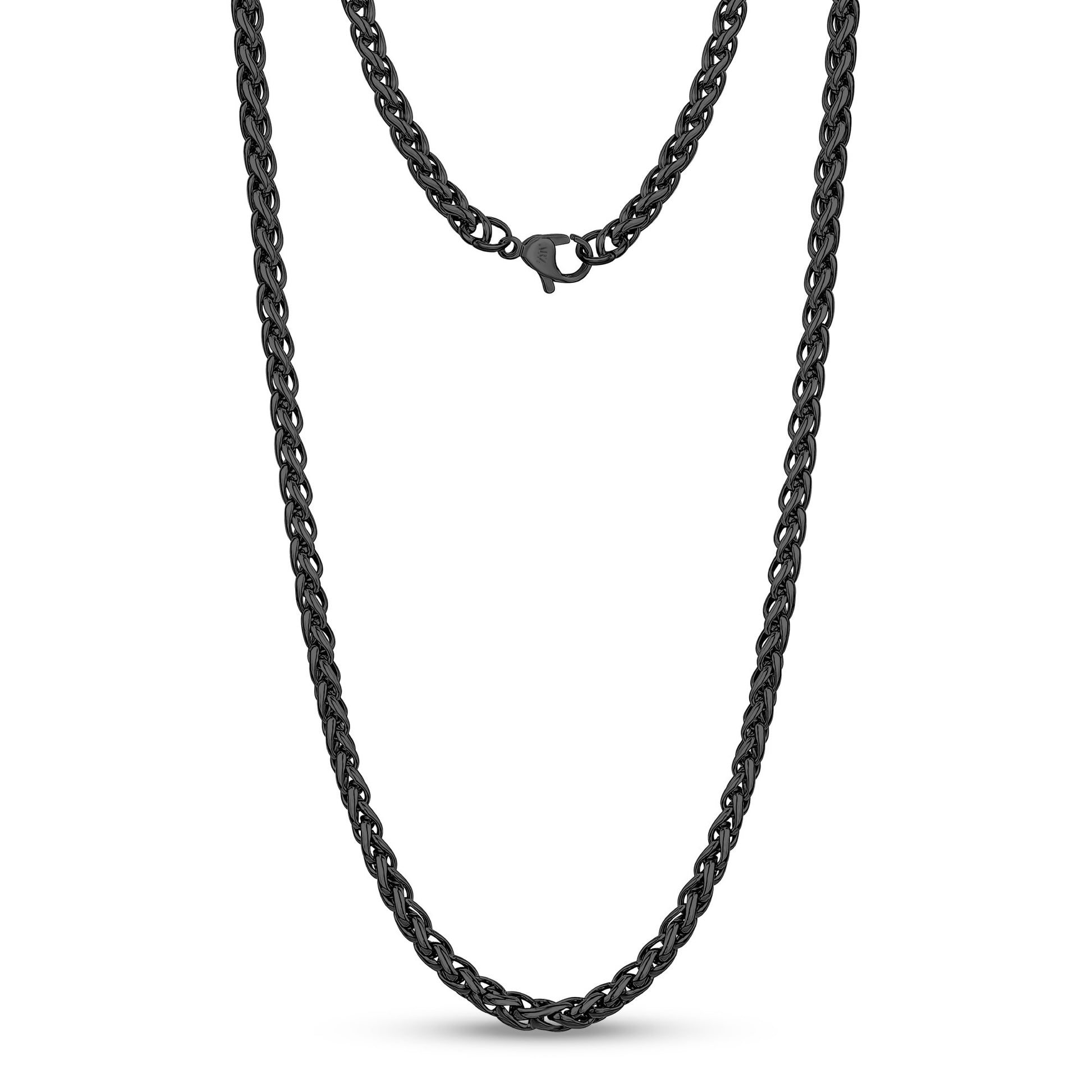 Men Necklace - 4mm Black Stainless Steel Round Franco Wheat Chain Necklace
