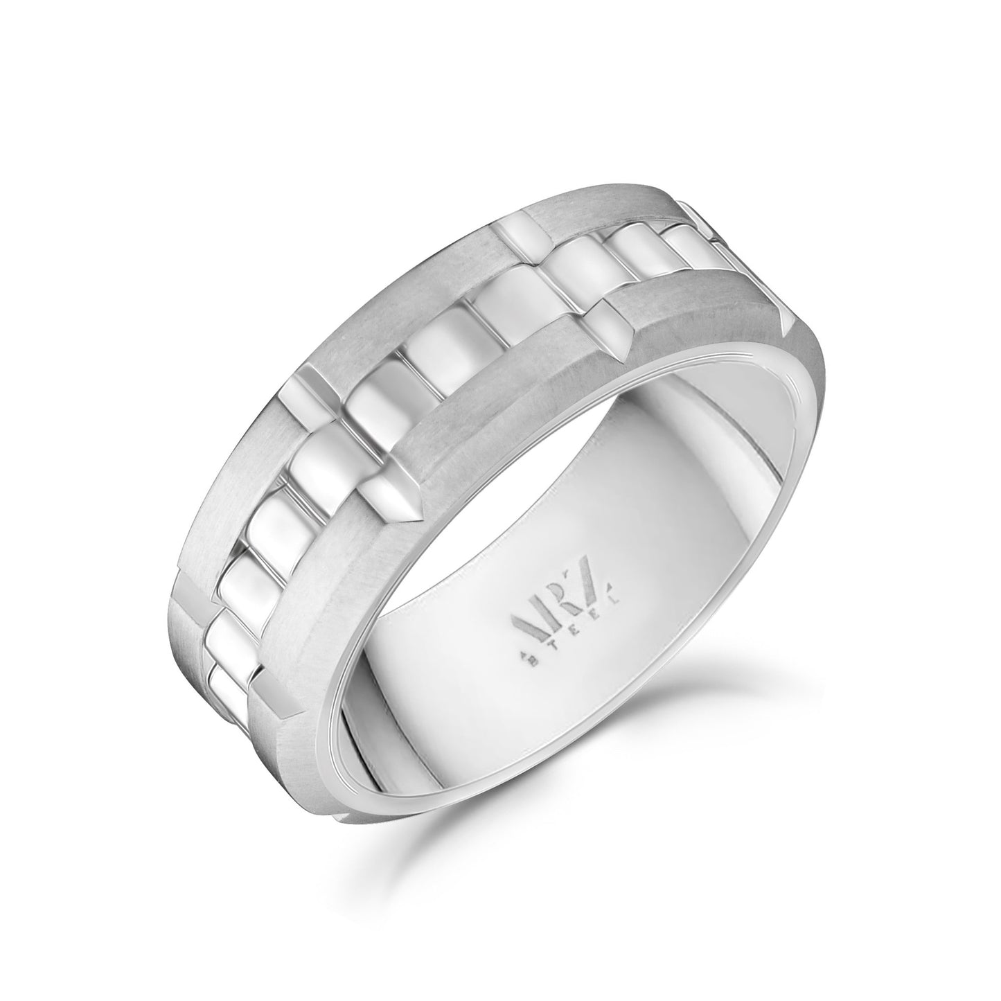 Men Ring - 8mm Link Style Engravable Steel Spinner Band Ring