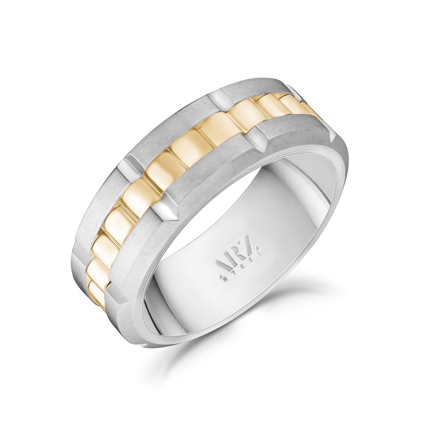 Men Ring - 8mm Link Style Engravable Gold Steel Spinner Band Ring