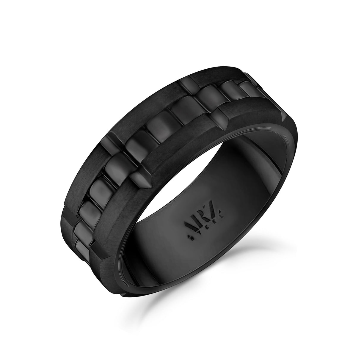 Men Ring - 8mm Link Style Engravable Black Steel Spinner Band Ring