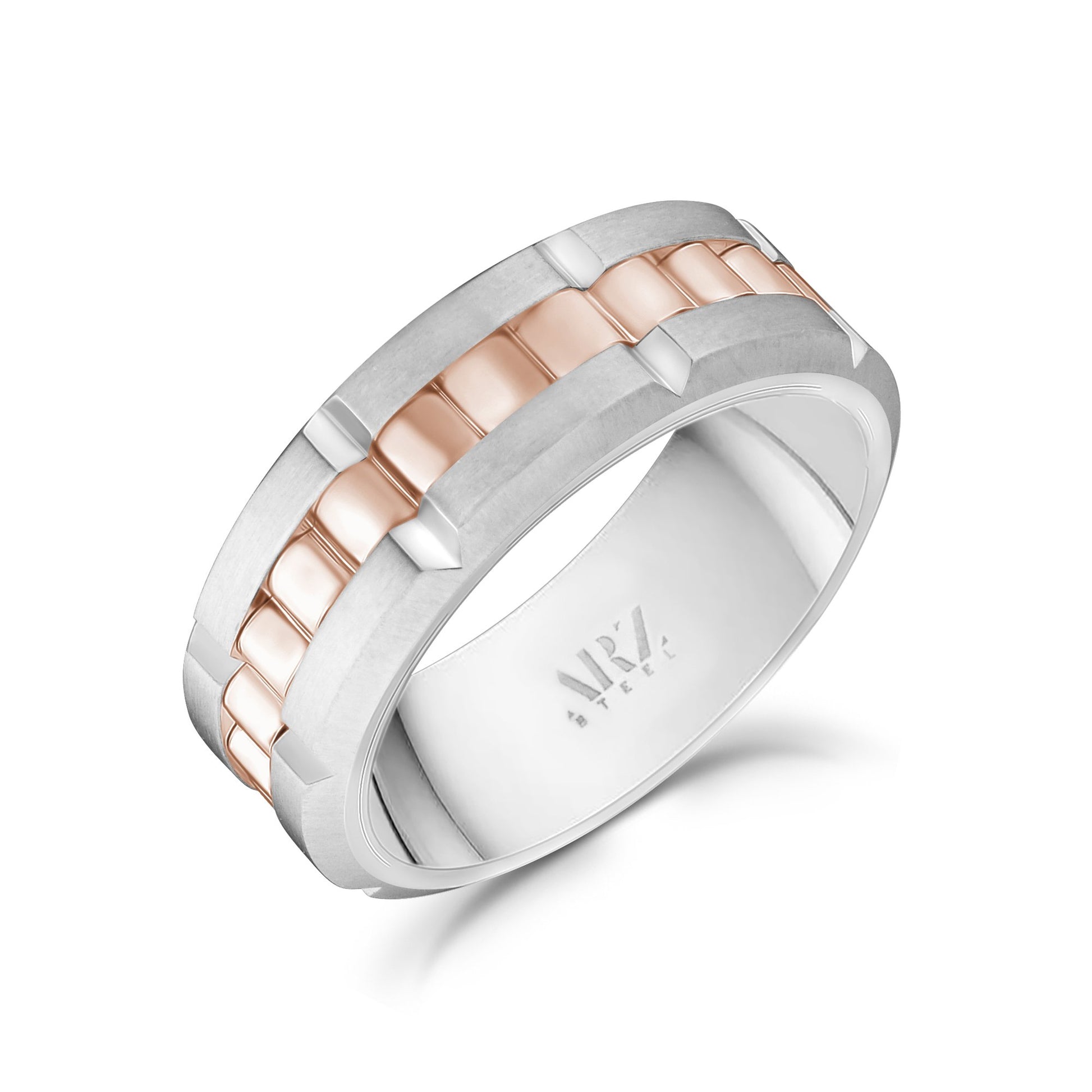 Men Ring - 8mm Link Style Engravable Rose Gold Steel Spinner Band Ring