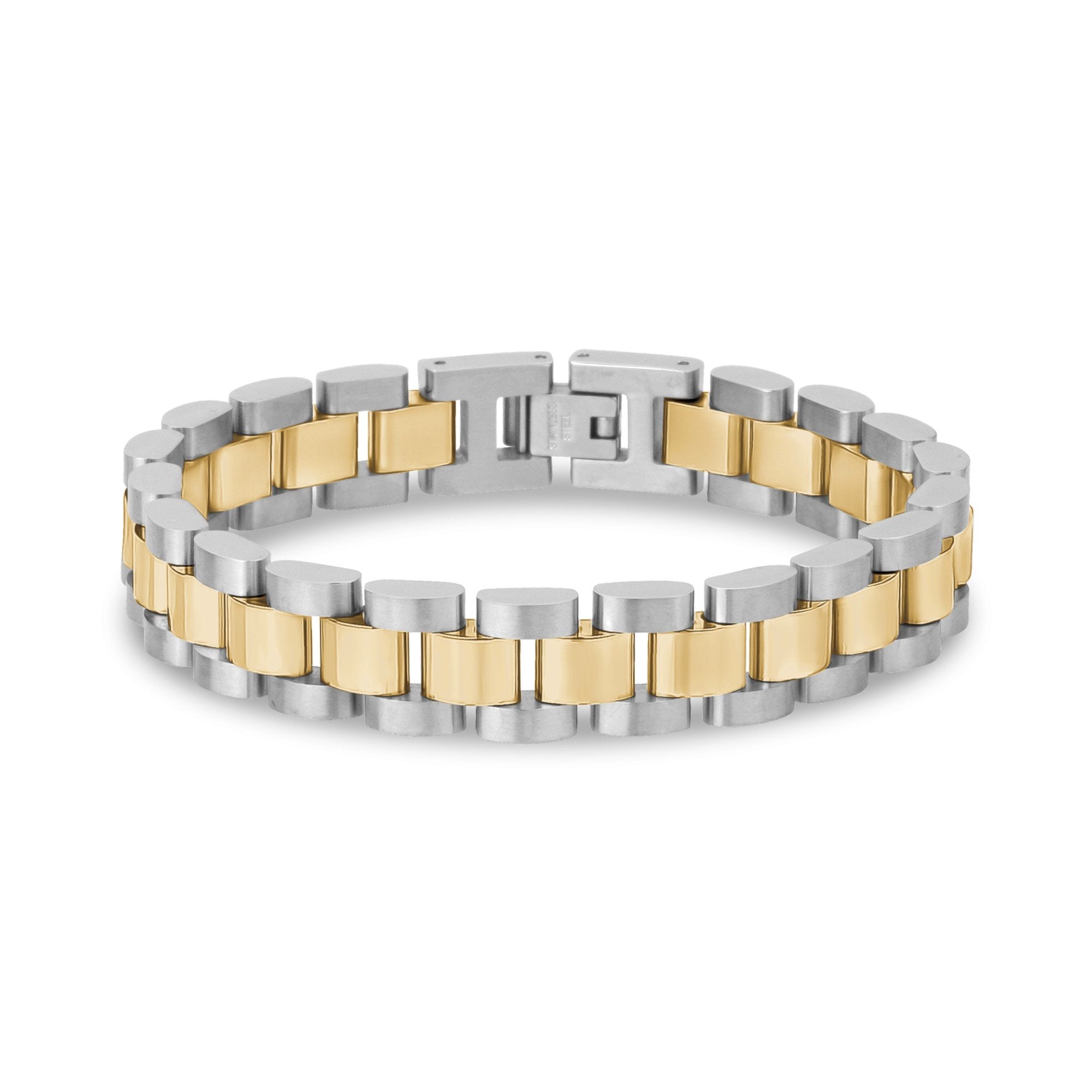 Men's Stainless Steel Chain Bracelet - Two-Tone Silver & Brown, Adjustable Fold-Over Clasp