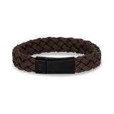 Mens Steel Leather Bracelets - 12mm Brown Leather Matte Black Clasp Engravable Bracelet