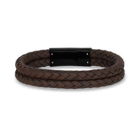 Mens Steel Leather Bracelets - Double Row Brown Leather Engravable Bracelet