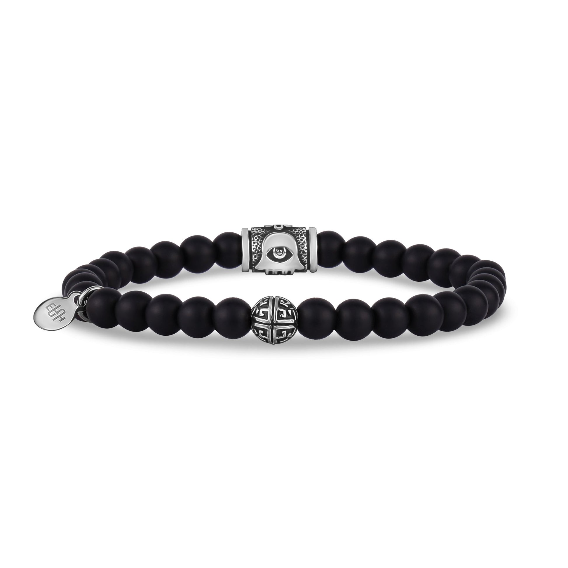 Unisex Bead Bracelet - 6mm Hamsa Matte Black Onyx Stretch Bead Bracelet