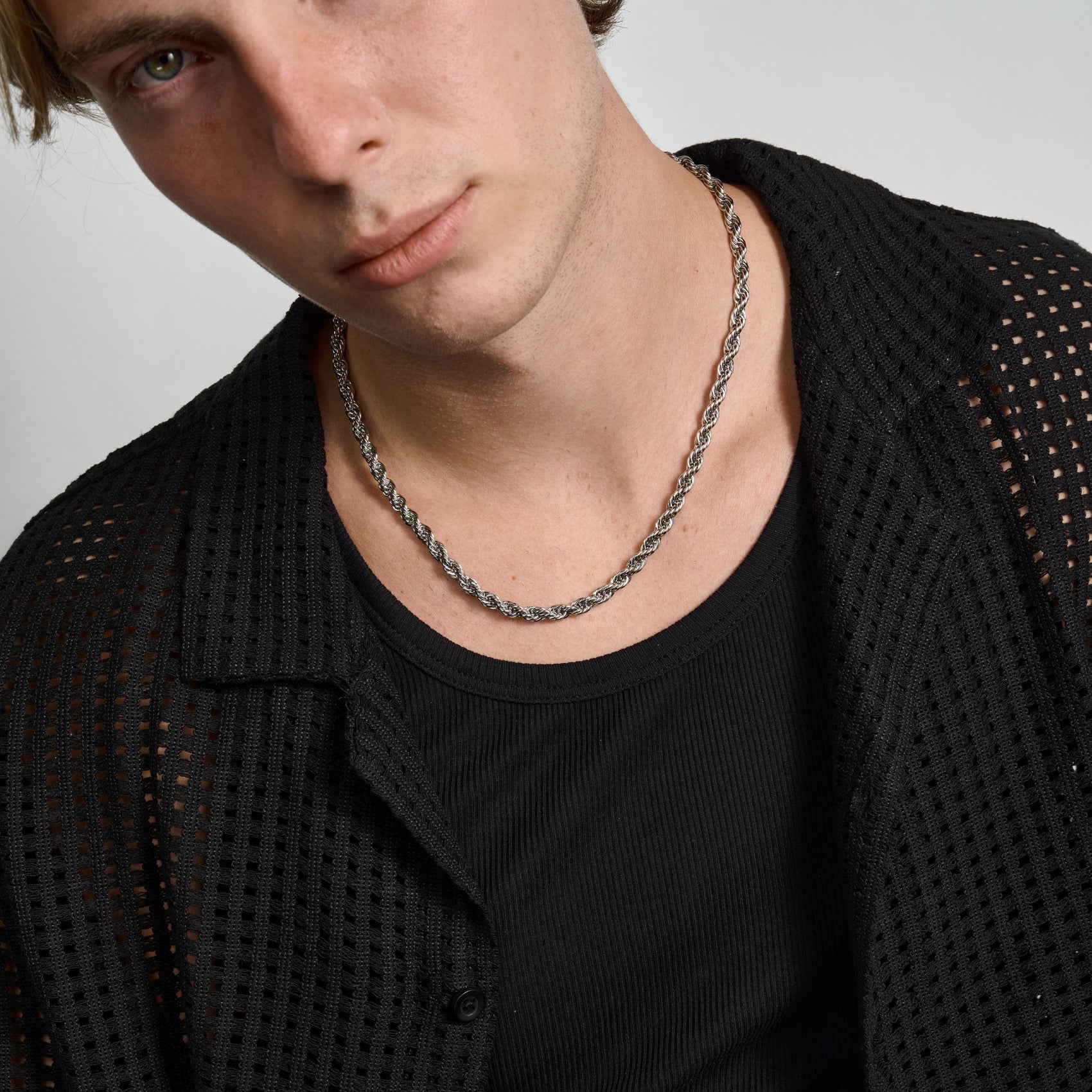 Men’s 6mm stainless steel rope chain necklace showcasing durable high-quality craftsmanship  