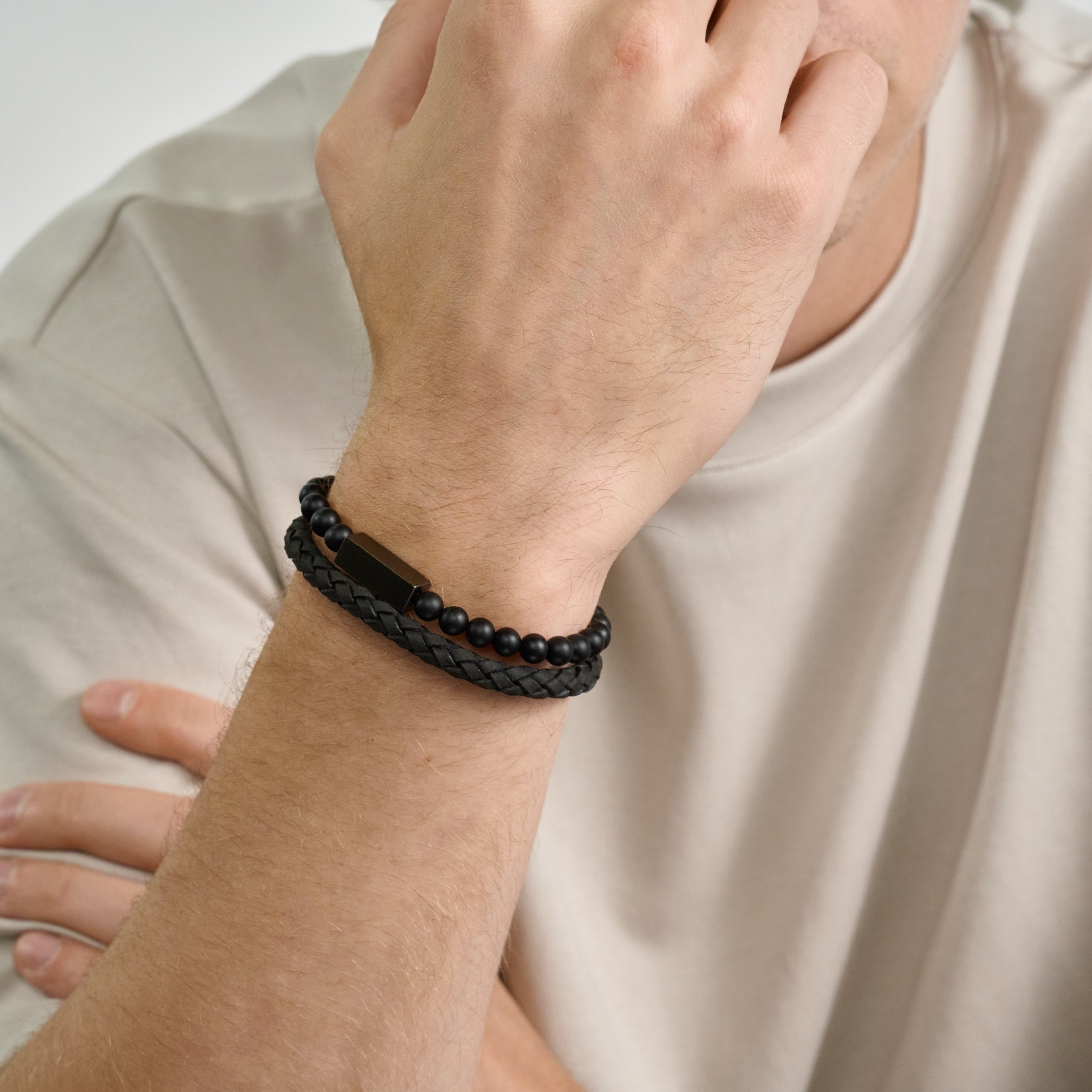 Engravable Leather and Beaded Midnight Bracelets Stack | 6MM – The