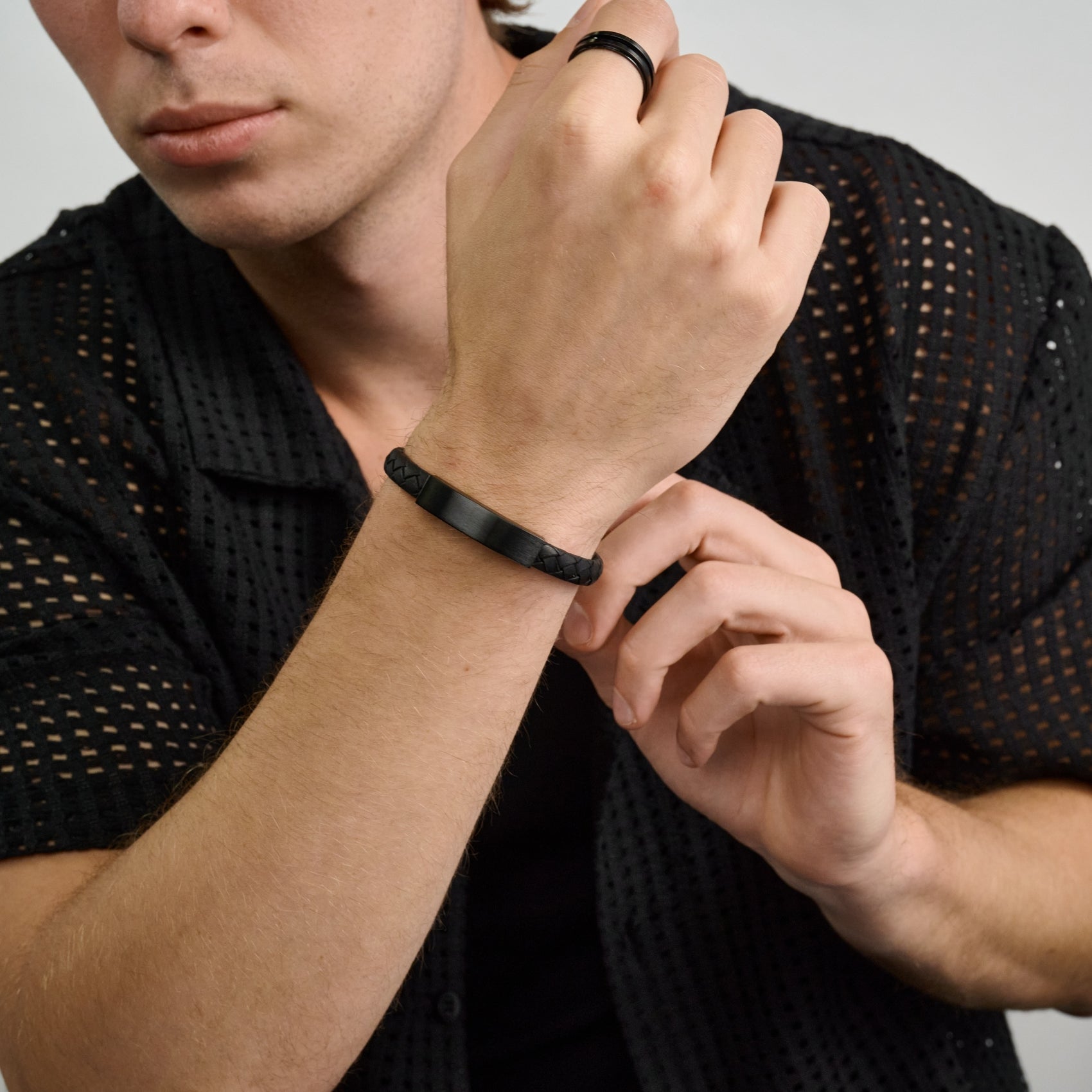 8mm Flat Leather ID Bracelet - Mens Steel Leather Bracelets - The Steel Shop