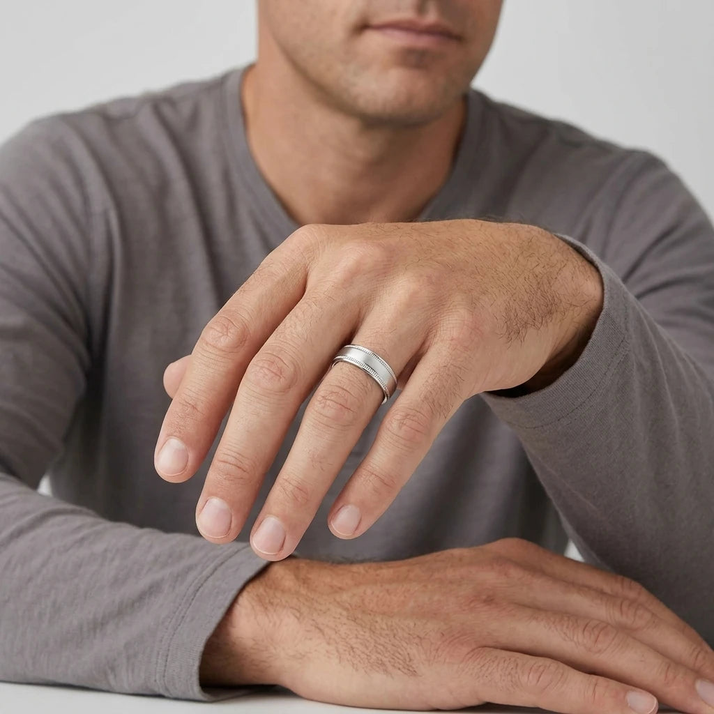 Enhanced Close-up of a 6mm stainless steel wedding ring with milgrain detailing and polished finish.  