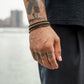 Man wearing multiple bracelets including black and gold box link bracelets