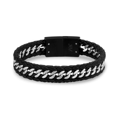 Black Leather Cuban Link Bracelet - Mens Steel Leather Bracelets - The Steel Shop