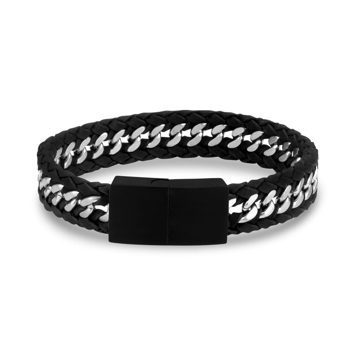 Black Leather Cuban Link Bracelet - Mens Steel Leather Bracelets - The Steel Shop