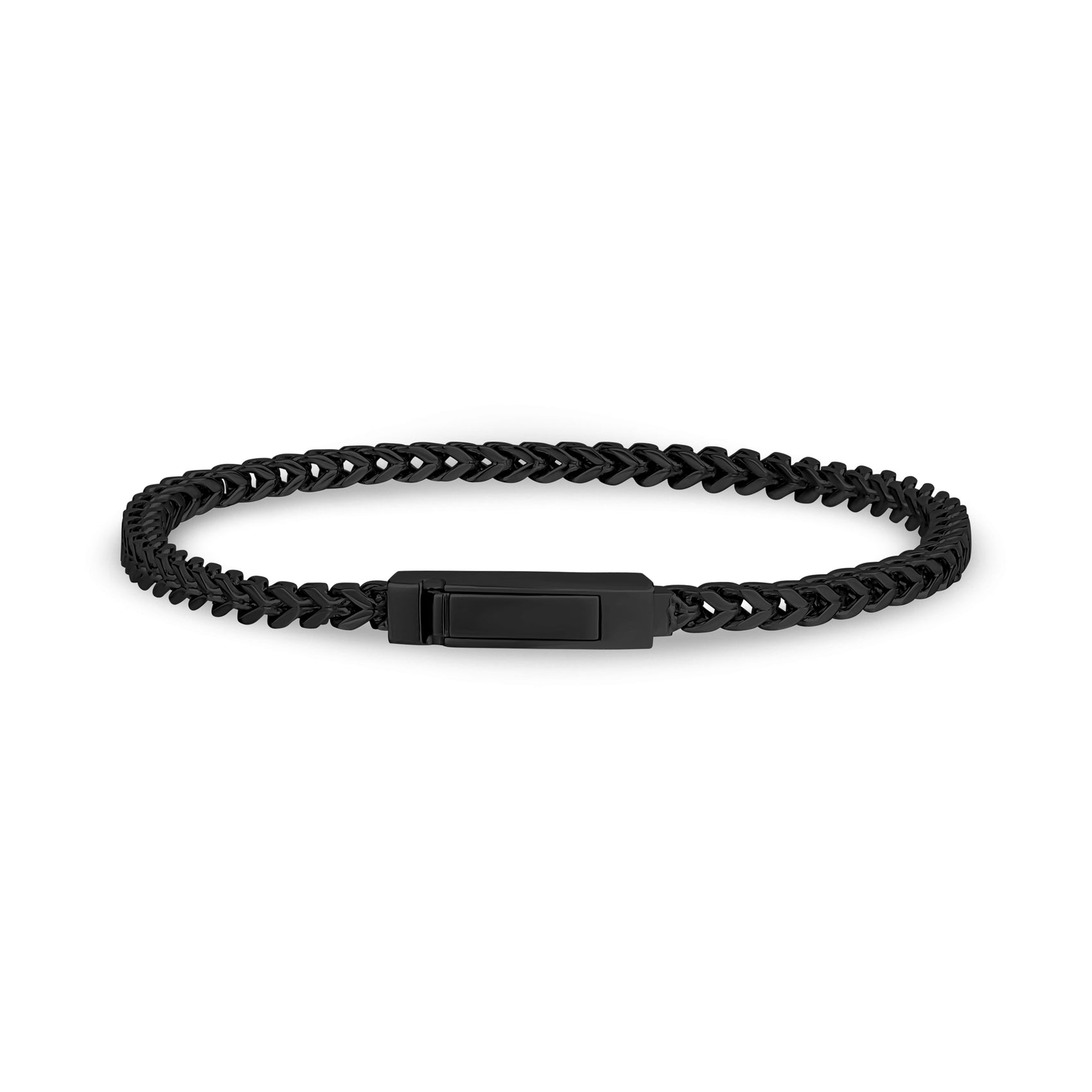 Detail of clasp on 3mm thin Franco link bracelet highlighting quality stainless steel finish