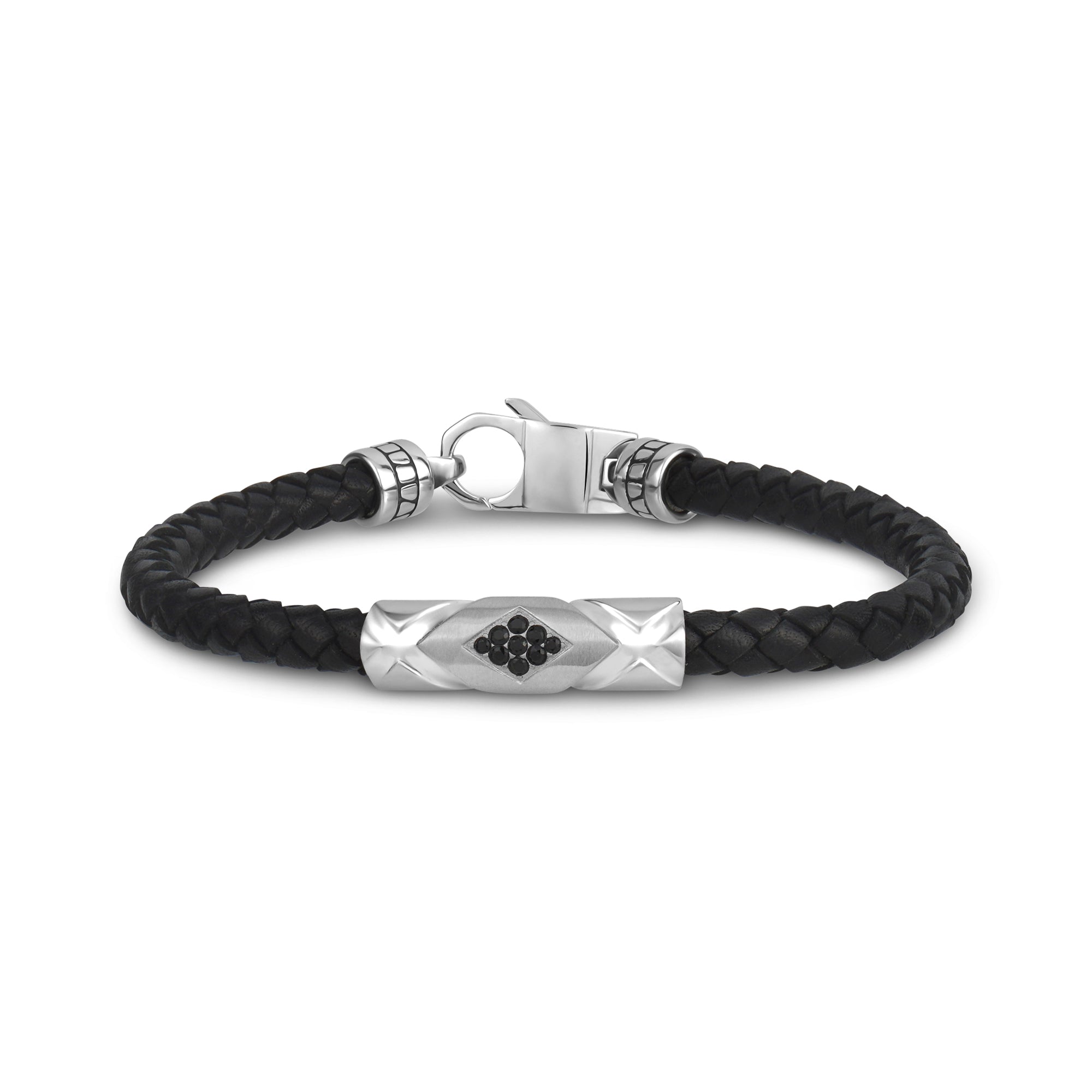 5mm Stone-Set Black Leather Bracelet with a Custom Steel Clasp