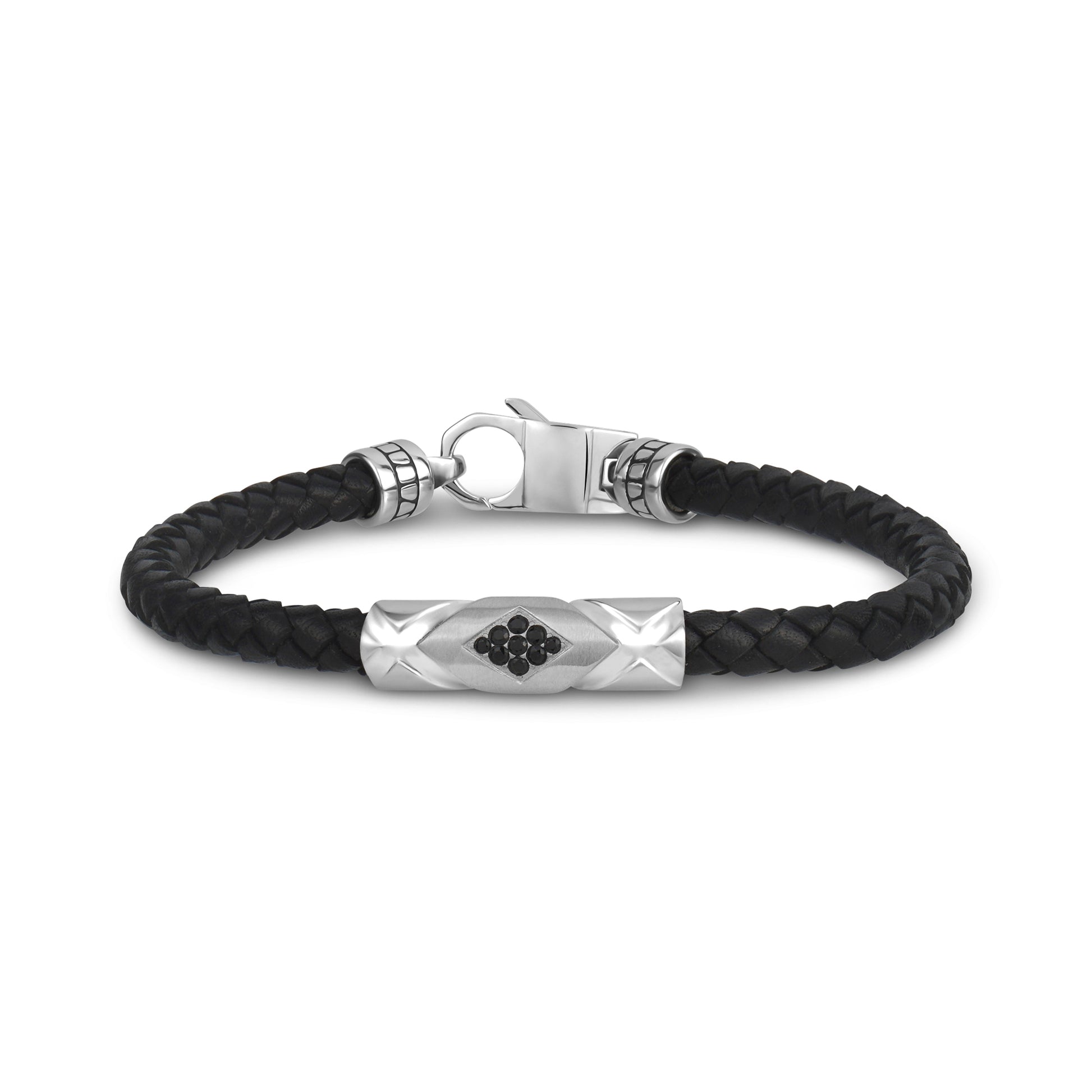 5mm Stone-Set Black Leather Bracelet with a Custom Steel Clasp