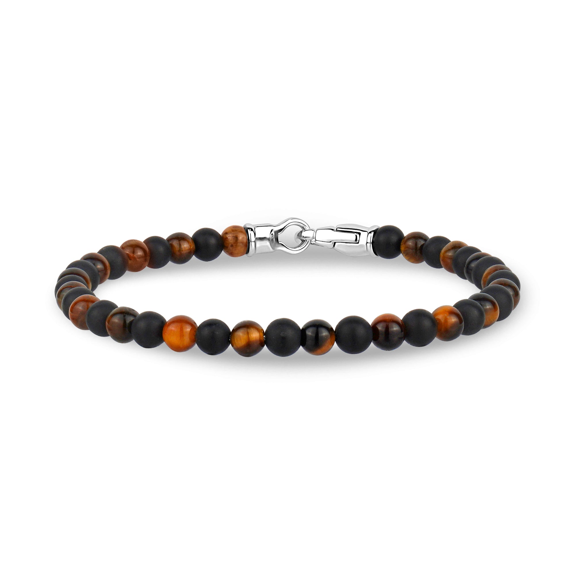 4mm Matte Black Onyx Brown Tiger Eye Steel Clasp Bead Bracelet