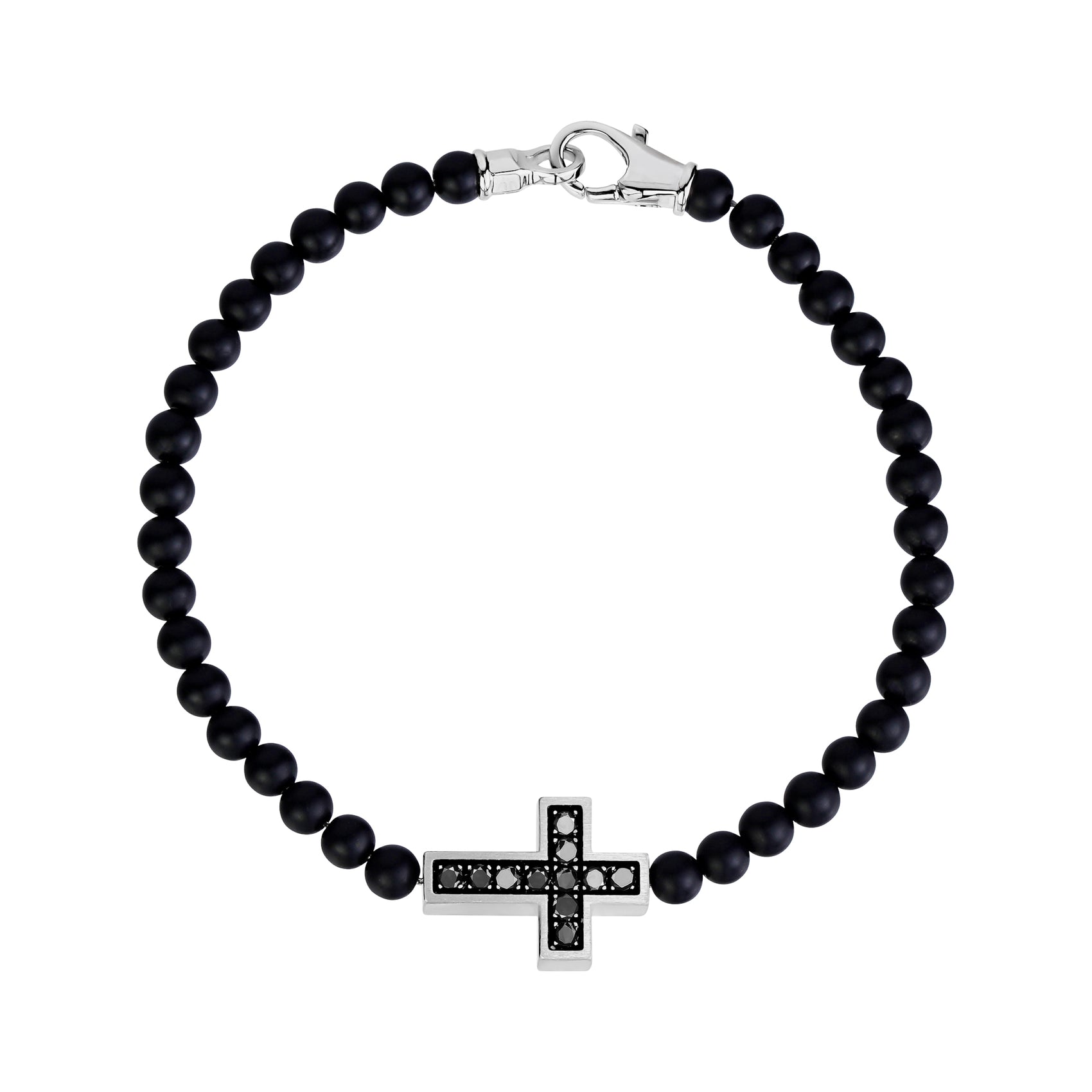 Black Zircon Cross Bead Bracelet - Mens Steel Bead Bracelets - The Steel Shop