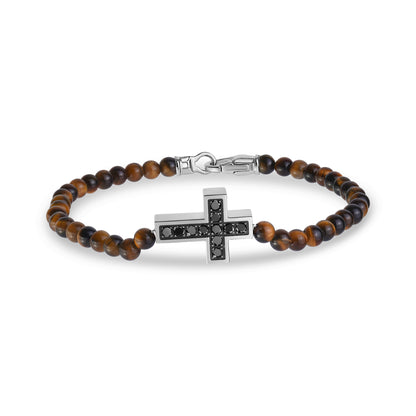 Black Zircon Cross Bead Bracelet - Mens Steel Bead Bracelets - The Steel Shop