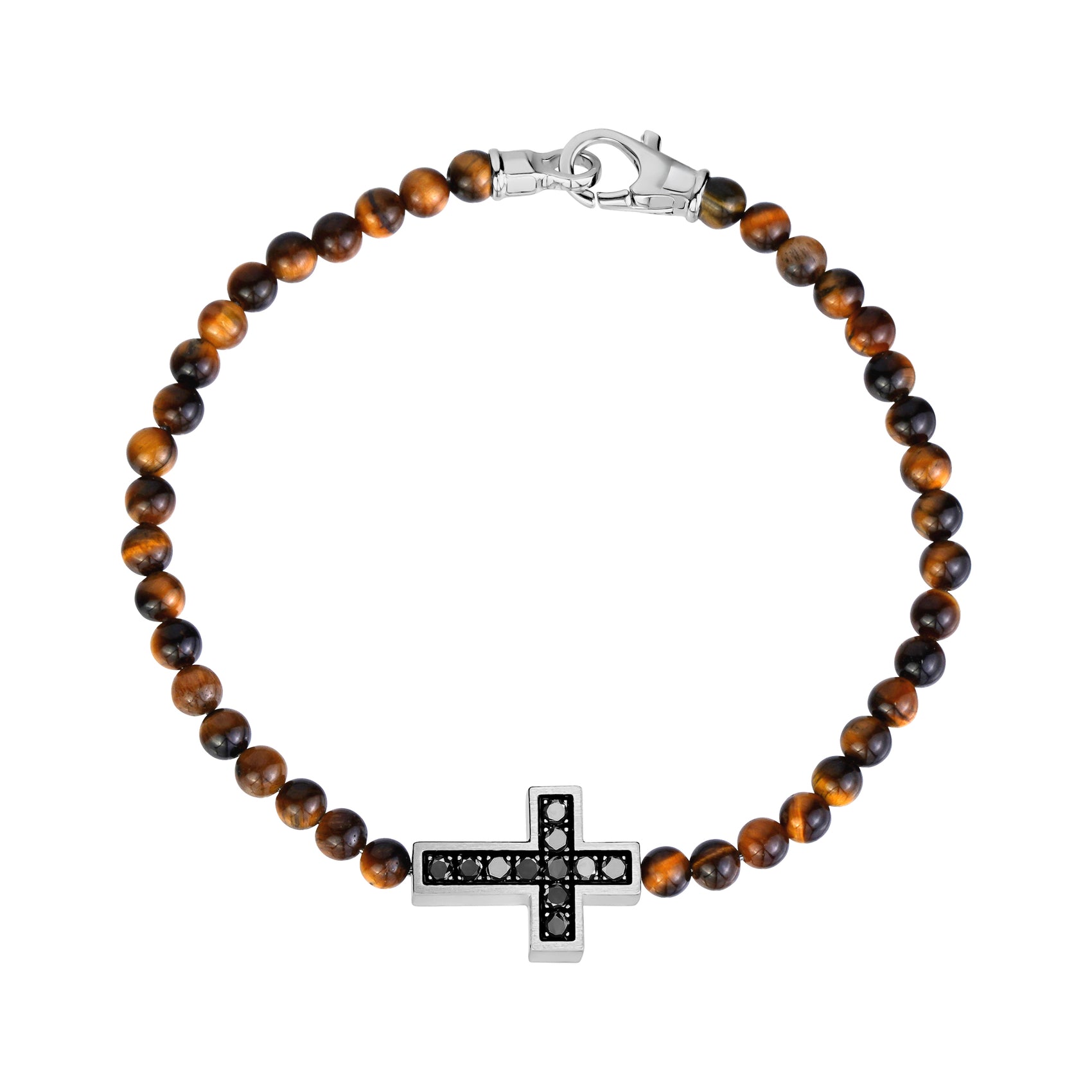 Black Zircon Cross Bead Bracelet - Mens Steel Bead Bracelets - The Steel Shop