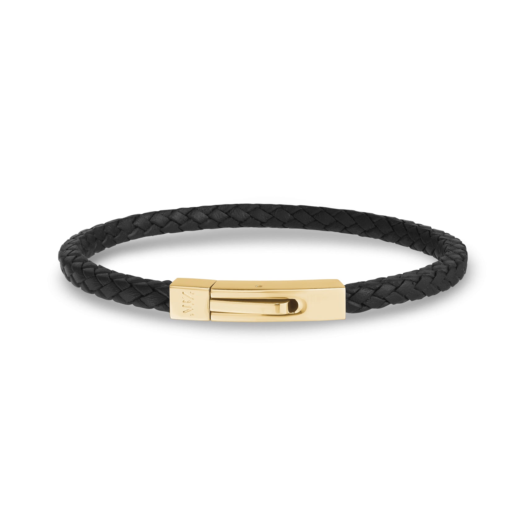 Female and male hands wearing sleek square leather bracelet with metallic clasp  