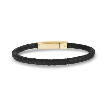 Polished stainless steel clasp on dark leather bracelet, ready for custom engraving  