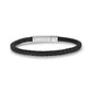 Close-up of square profile brown leather bracelet with shiny stainless steel clasp  