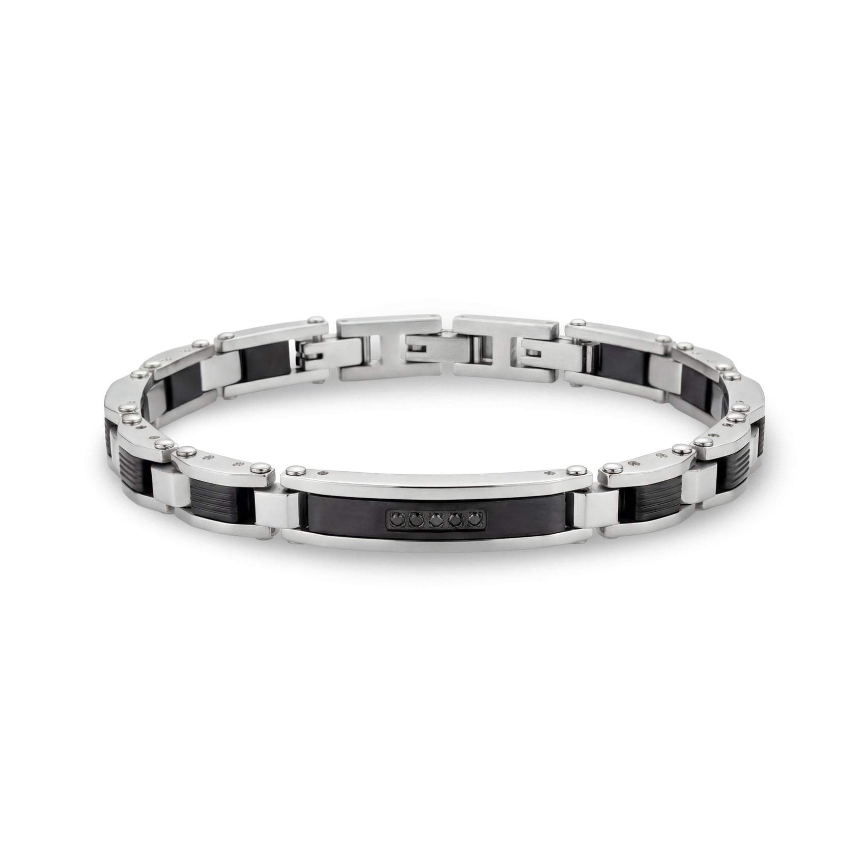 Industrial men's bracelet with black cubic zirconia stones and stainless steel links