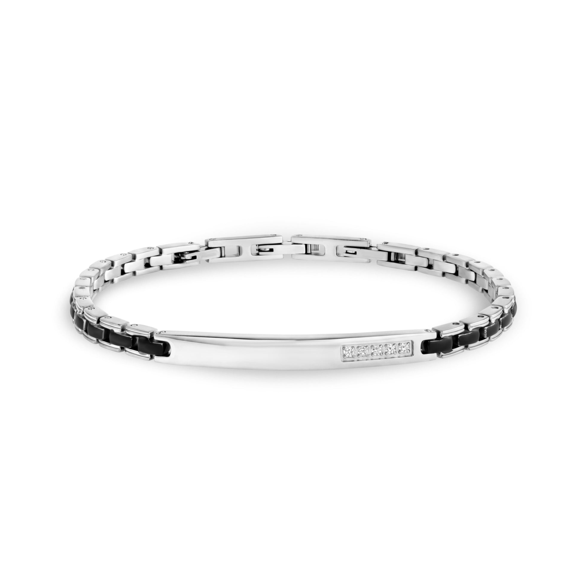Minimal men's stainless steel ID bracelet with black accents and cubic zirconia stones