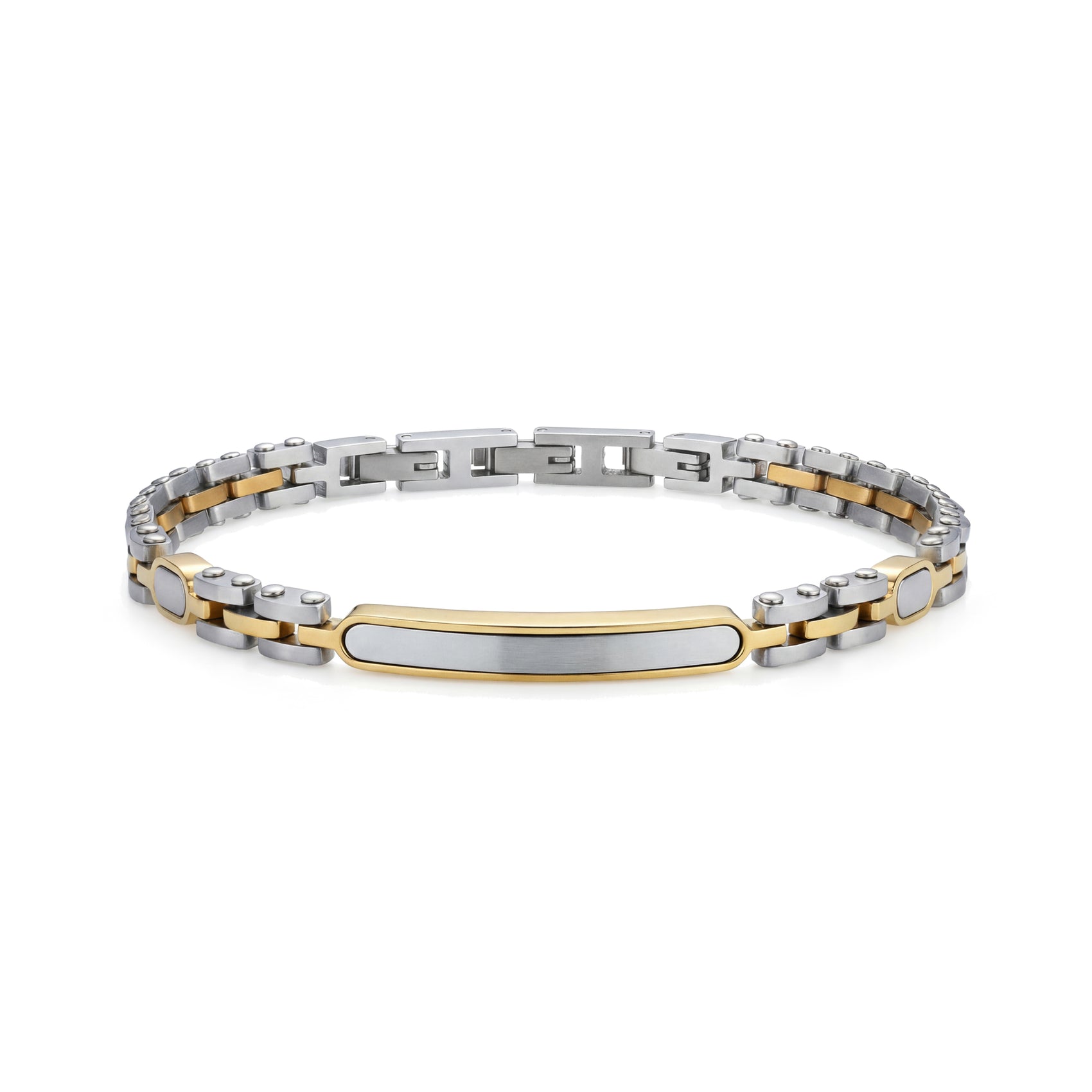 Men's ID link bracelet with matte stainless steel and shiny gold accents, 5.5mm wide with extra clasp extension
