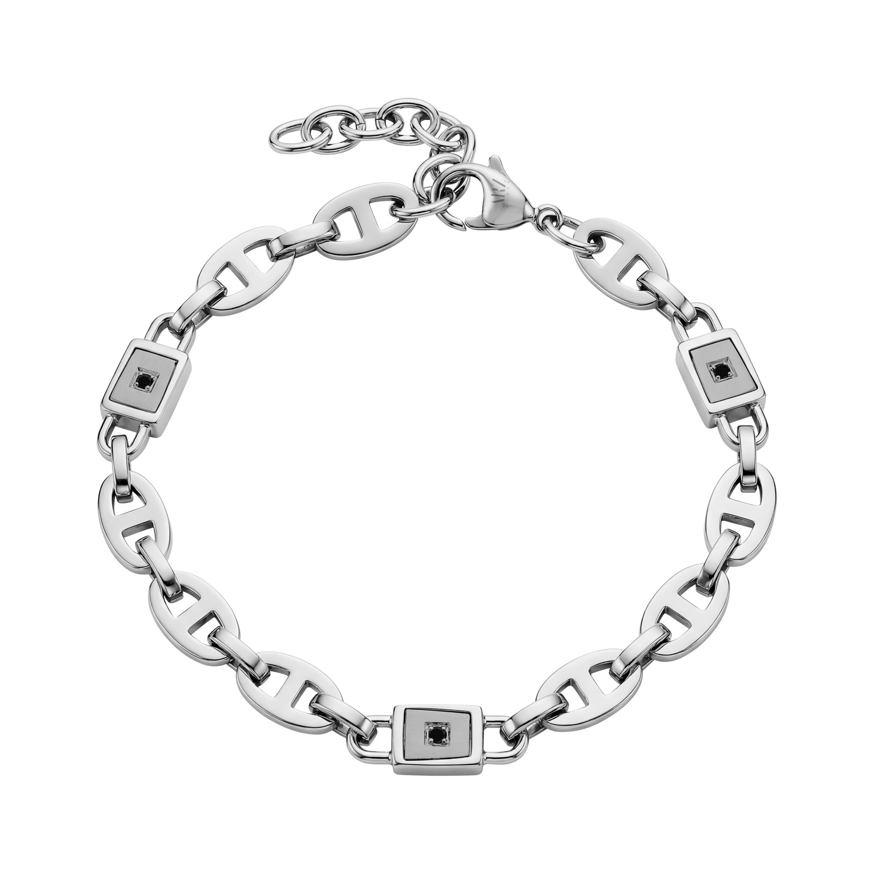 Men's stainless steel bracelet with black stone and flat marina links, featuring an adjustable extension chain