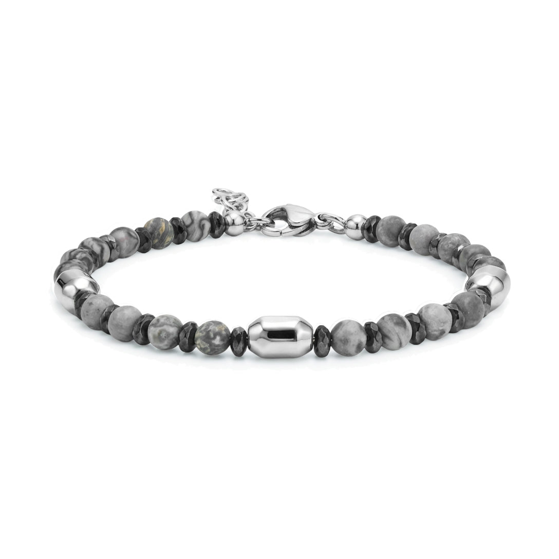 Grey labradorite and hematite beaded men's bracelet with stainless steel clasp and adjustable extension