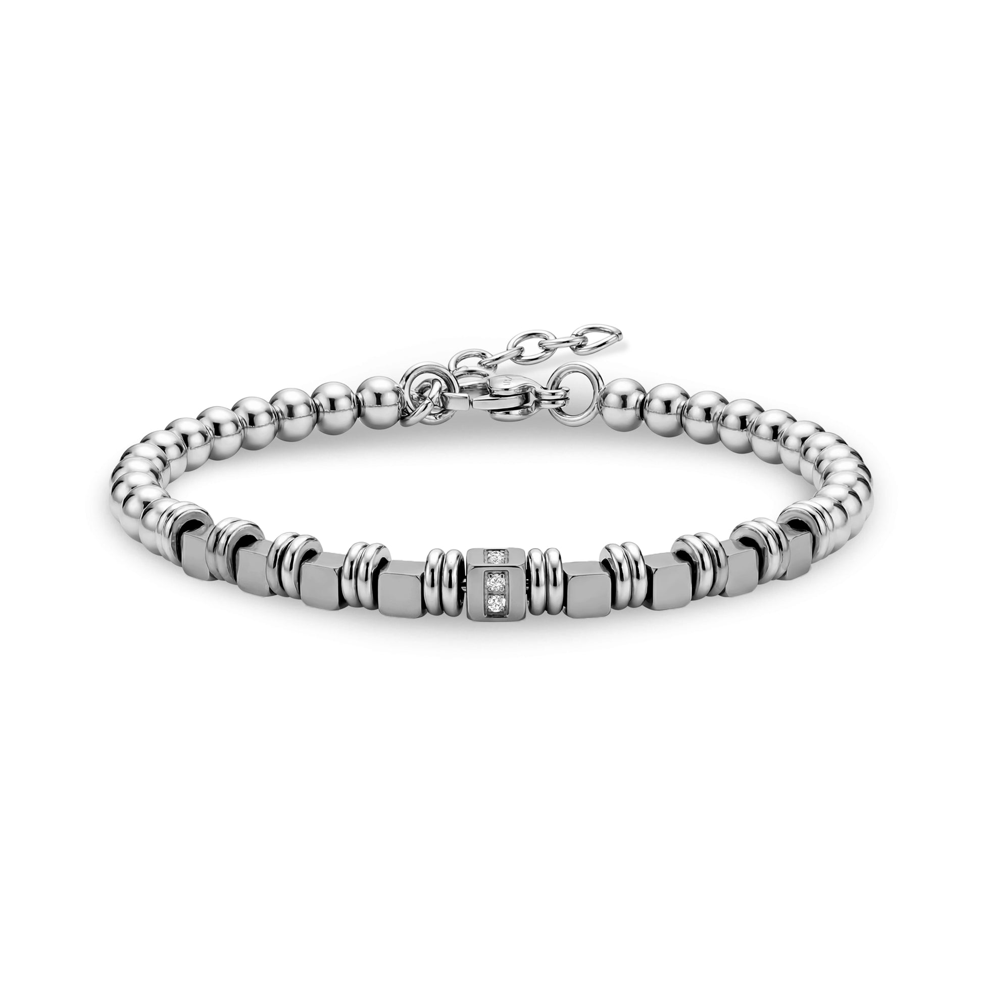 Men's stainless steel bracelet with polished round beads, matte cube beads, and cubic zirconia stones, featuring an adjustable chain closure.