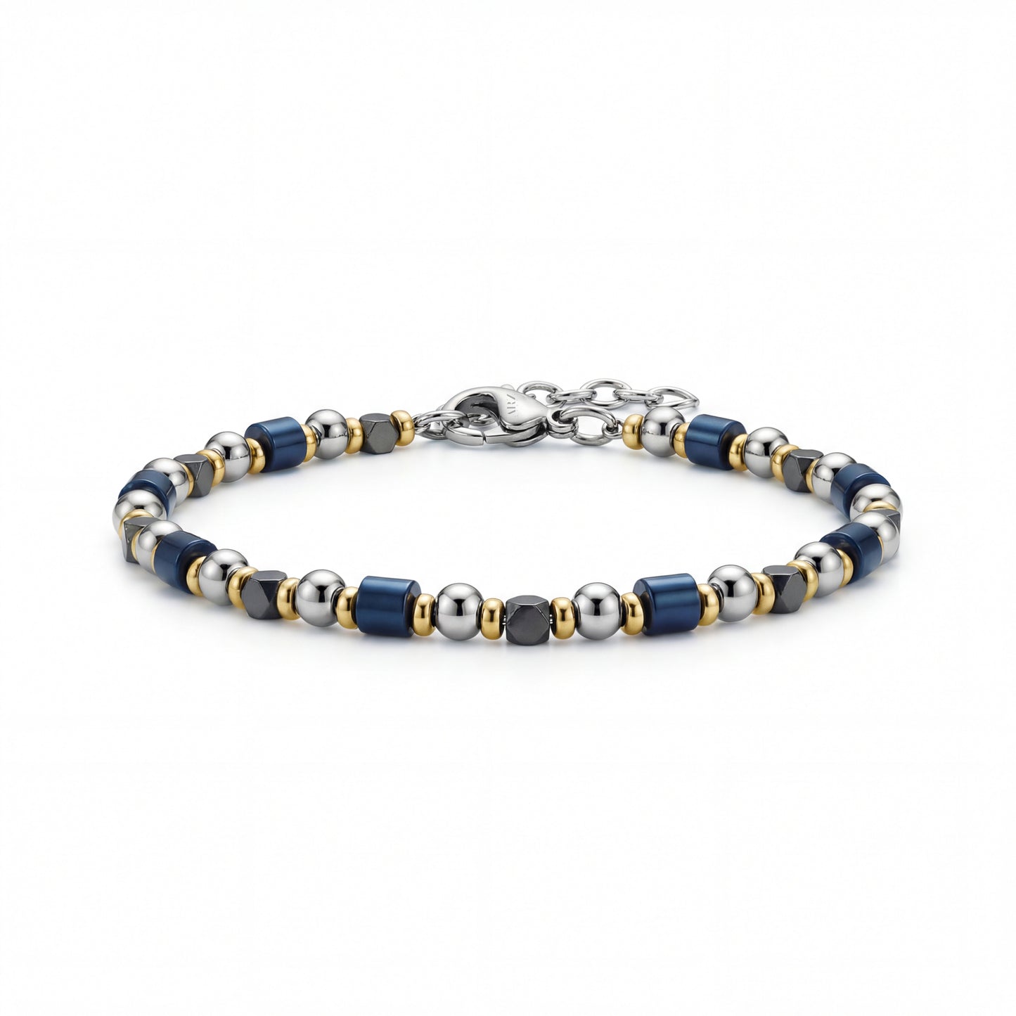 Men's blue cylinder hematite bead bracelet with gold accents and adjustable stainless steel clasp