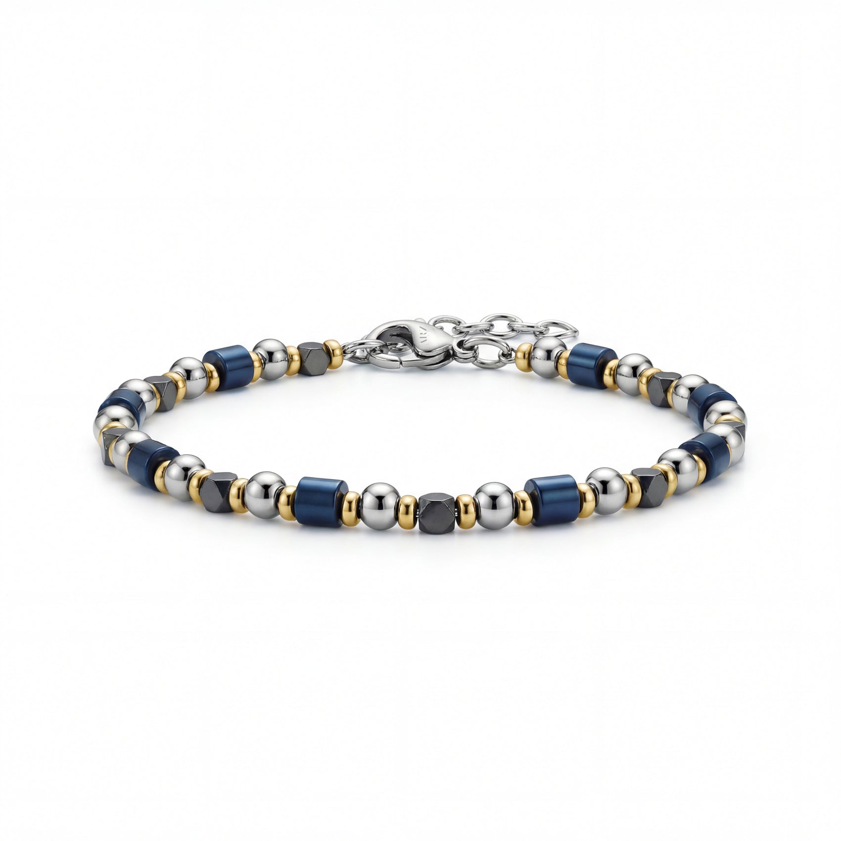 Men's blue cylinder hematite bead bracelet with gold accents and adjustable stainless steel clasp