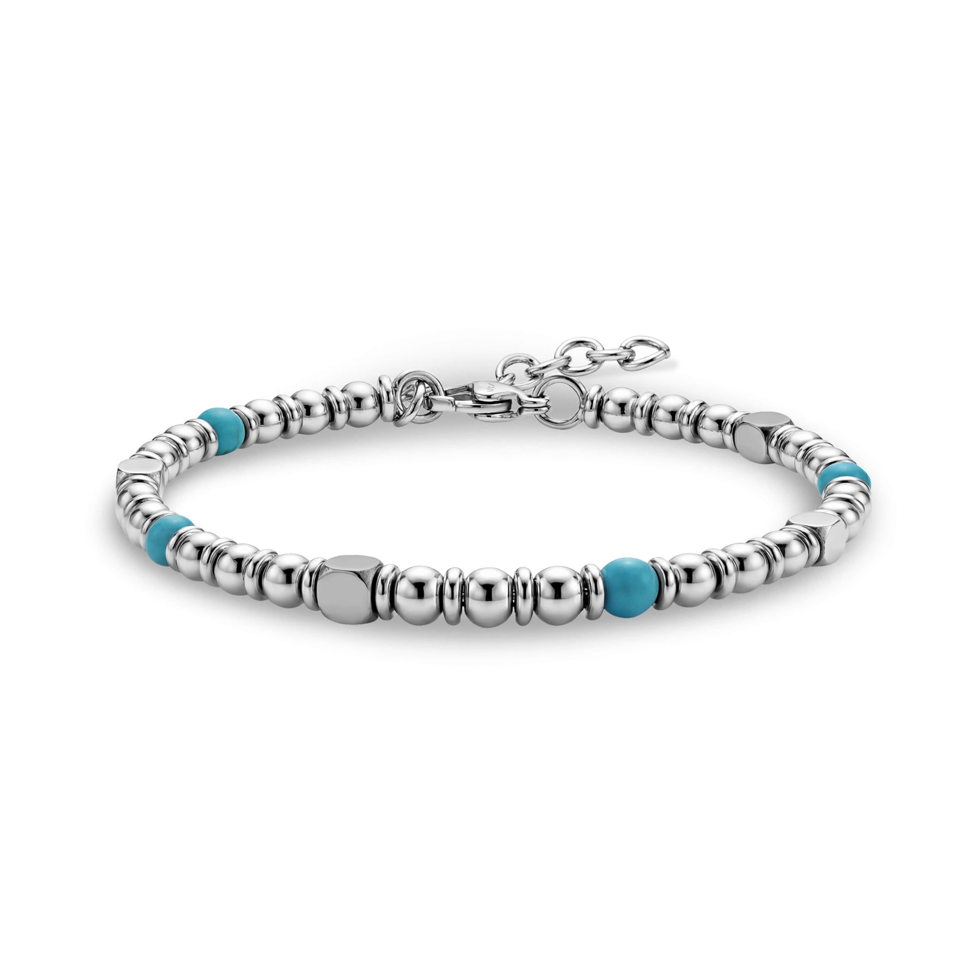 Men's bracelet with turquoise and stainless steel beads, adjustable chain clasp