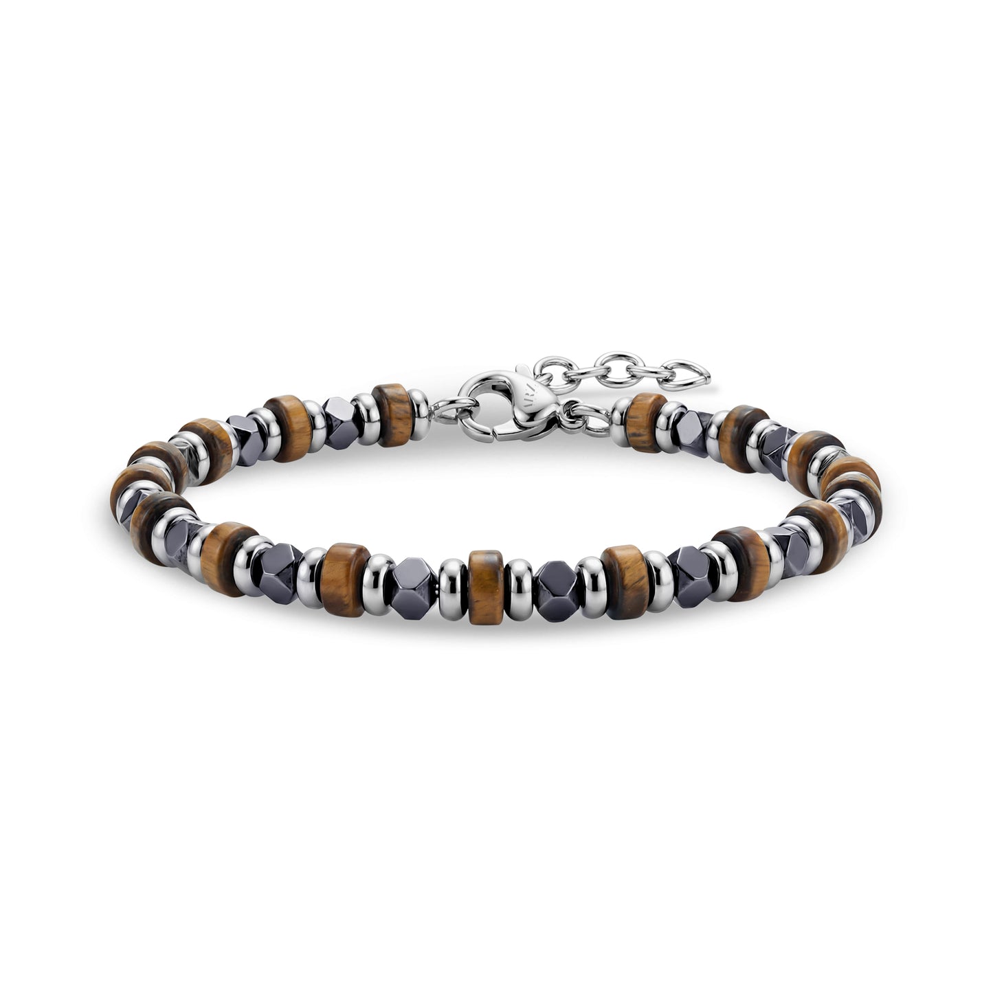 Mens bracelet with 4mm tiger eye beads and faceted cube hematite beads, featuring a stainless steel adjustable clasp