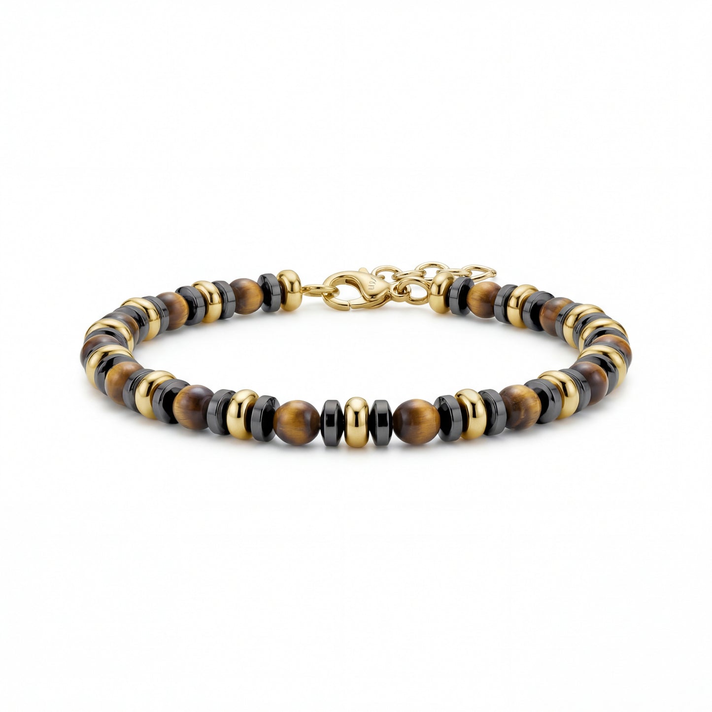 Close-up of Sovereign Tiger Eye men's bracelet with 4mm tiger eye beads, black and gold stainless steel accents, laid flat showing adjustable clasp.
